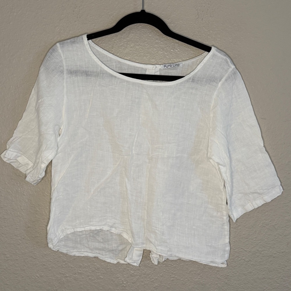 Coastal Old Money Nautical Artsy Puro Lino White Italian Linen Button Top Small